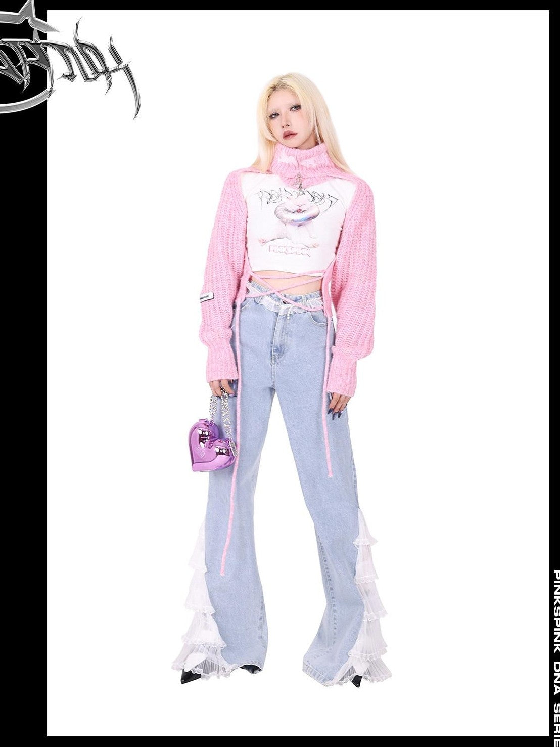 PINKSPINK Pentagram Cutout Double Zipper Tie Women's Acrylic Turtleneck Sweaters