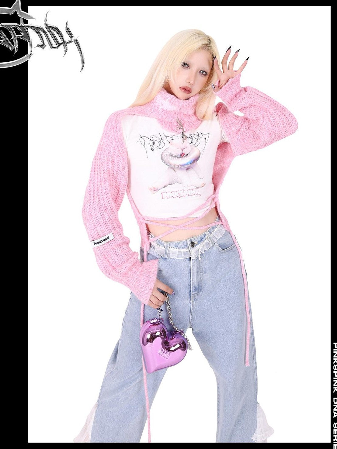 PINKSPINK Pentagram Cutout Double Zipper Tie Women's Acrylic Turtleneck Sweaters