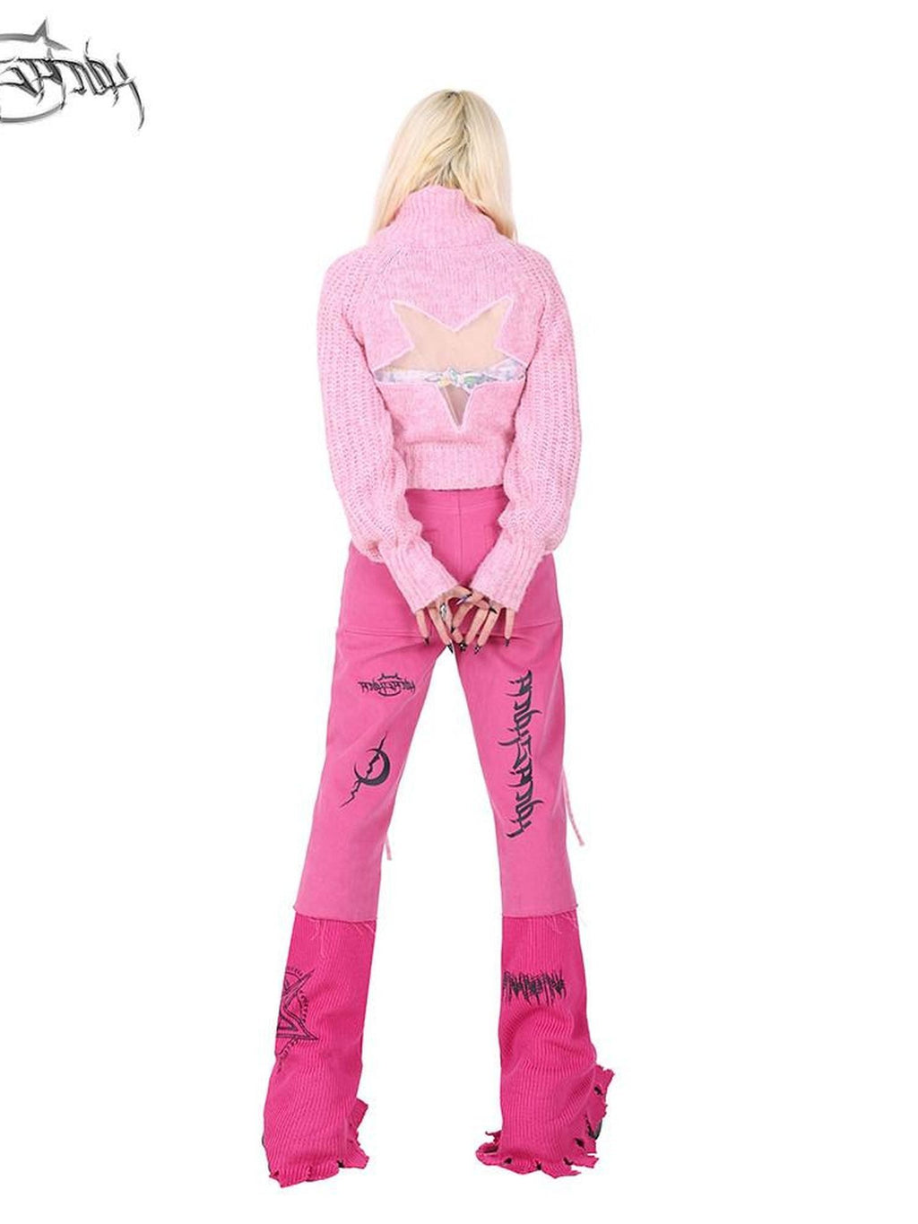PINKSPINK Pentagram Cutout Double Zipper Tie Women's Acrylic Turtleneck Sweaters