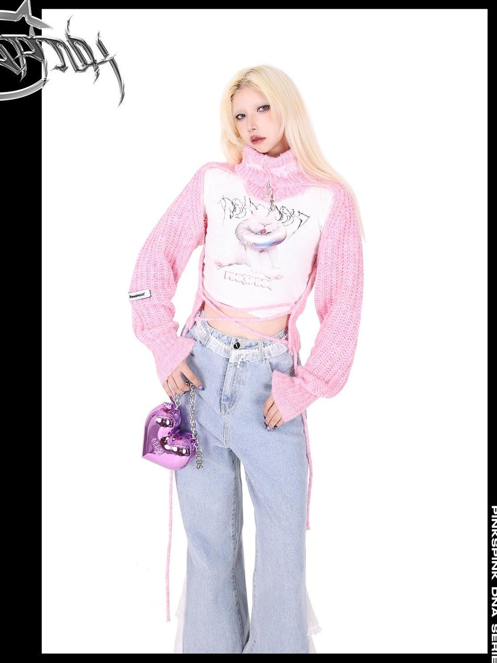 PINKSPINK Pentagram Cutout Double Zipper Tie Women's Acrylic Turtleneck Sweaters