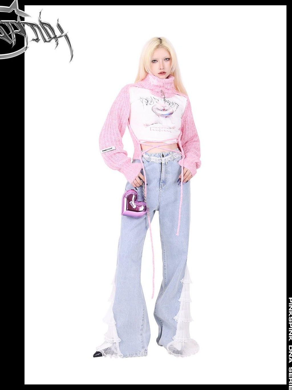 PINKSPINK Pentagram Cutout Double Zipper Tie Women's Acrylic Turtleneck Sweaters