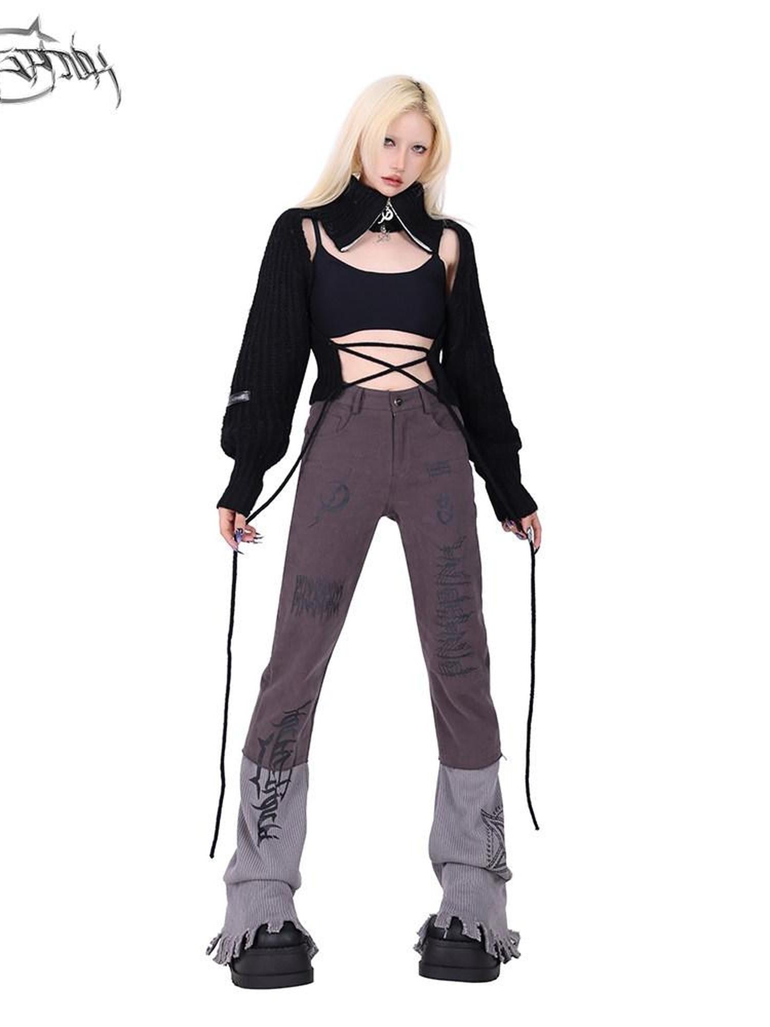 PINKSPINK Pentagram Cutout Double Zipper Tie Women's Acrylic Turtleneck Sweaters