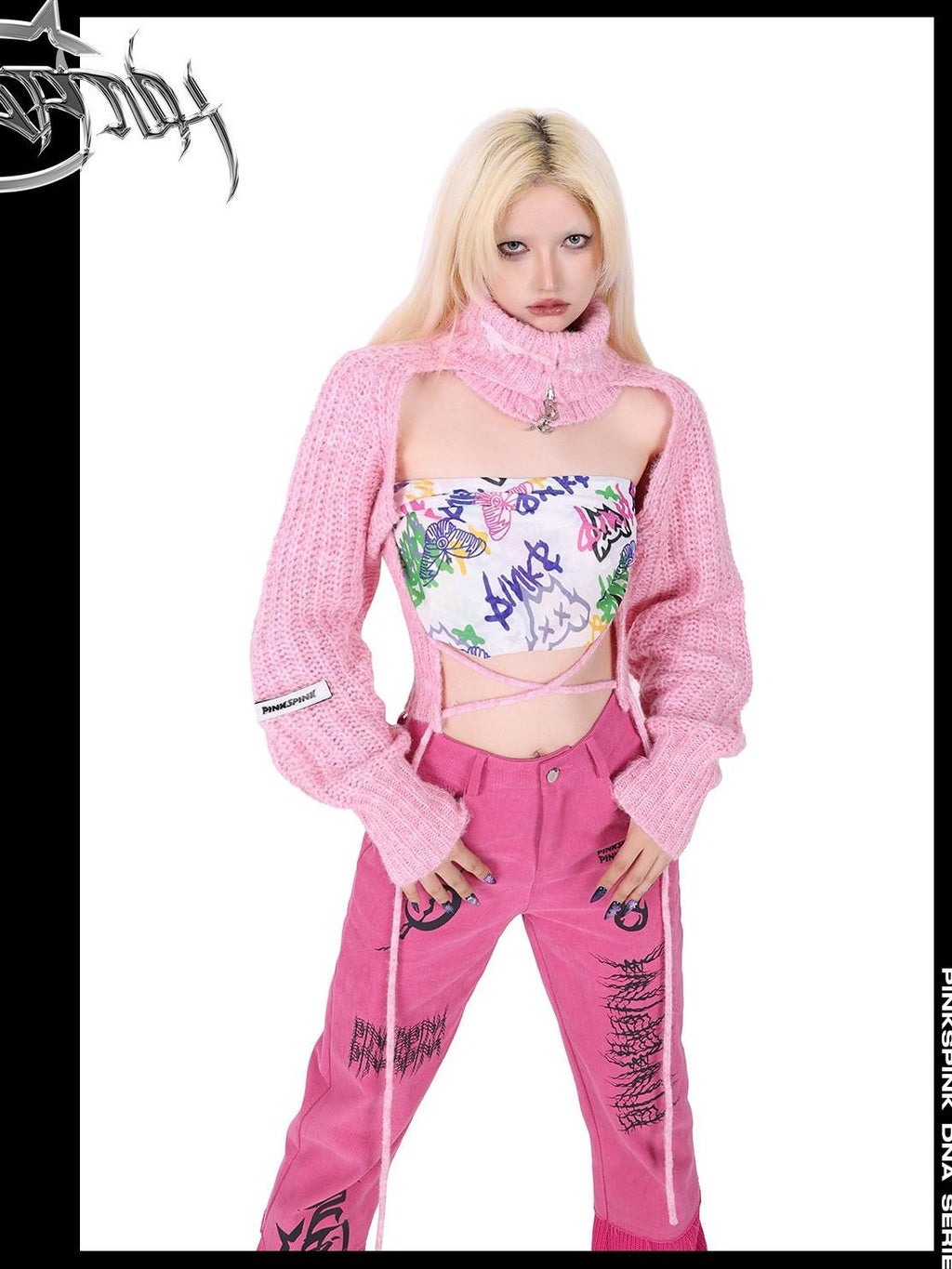 PINKSPINK Pentagram Cutout Double Zipper Tie Women's Acrylic Turtleneck Sweaters