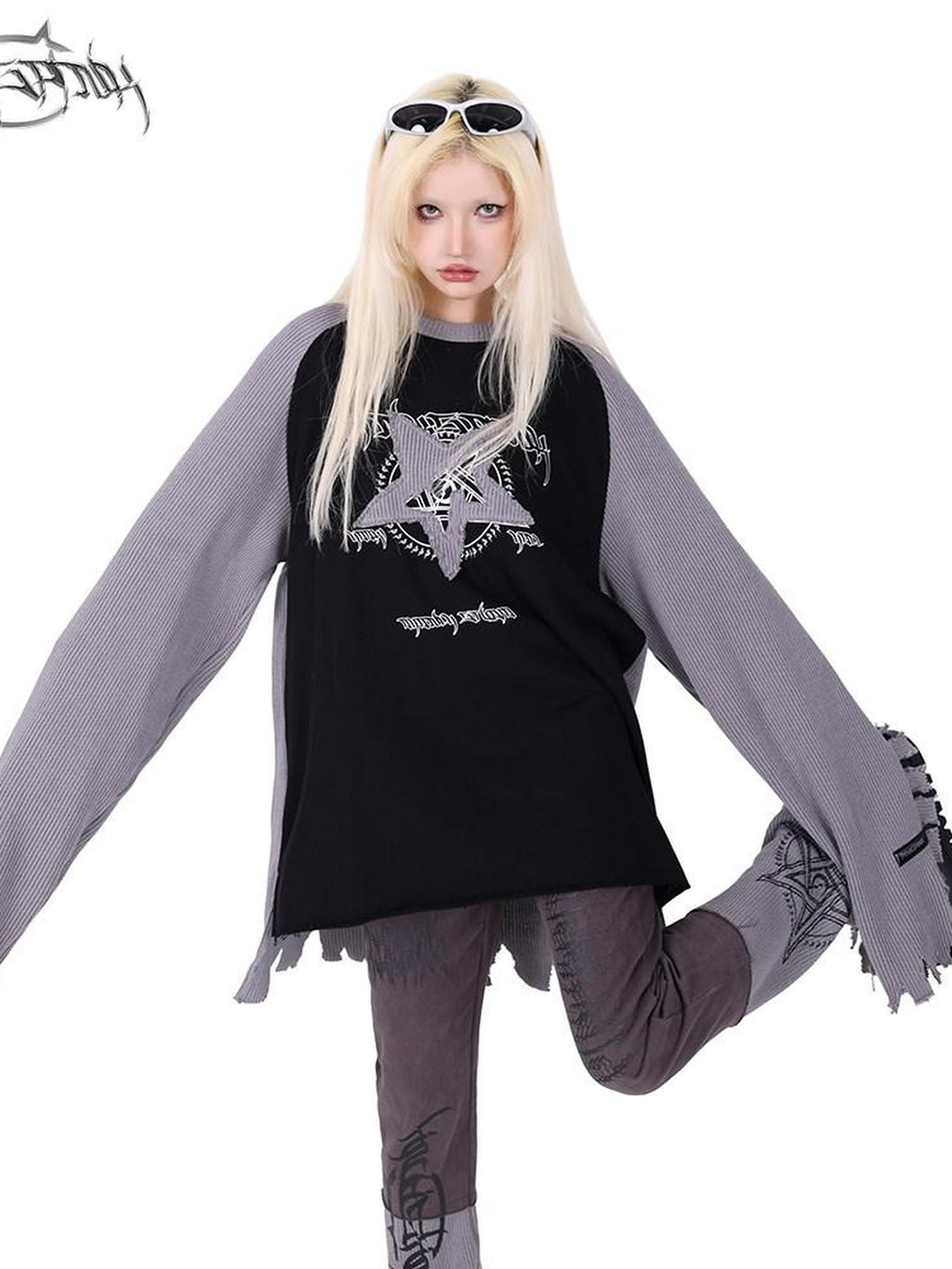 PINKSPINK Pentagram Denim Patchwork Raglan Printed Women's Knit Sweatshirts
