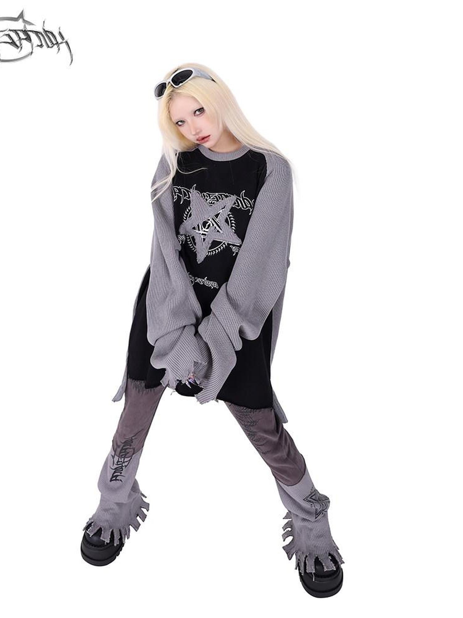 PINKSPINK Pentagram Denim Patchwork Raglan Printed Women's Knit Sweatshirts