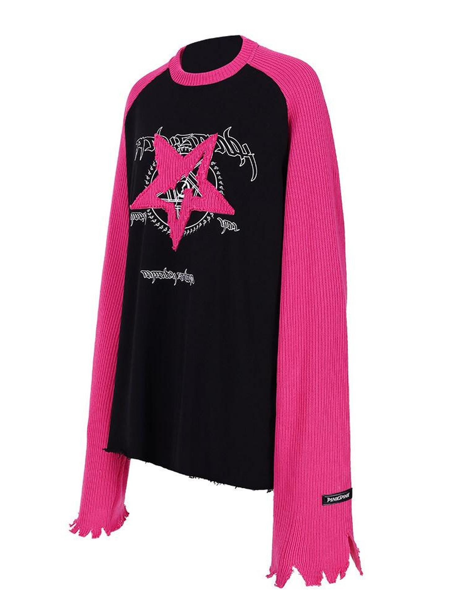 PINKSPINK Pentagram Denim Patchwork Raglan Printed Women's Knit Sweatshirts
