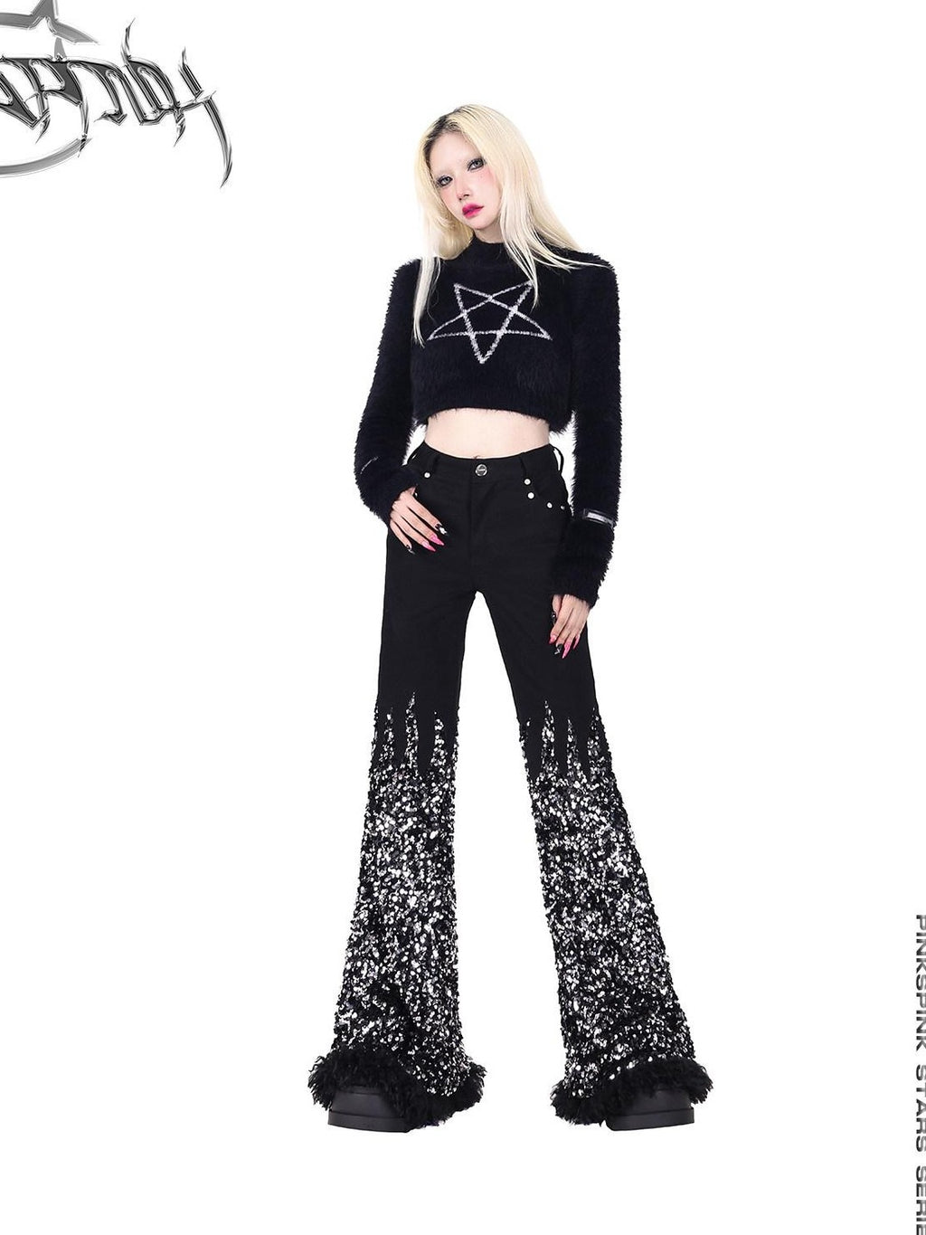 PINKSPINK Pentagram Slim Fit Cropped Stand Collar Women's Polyamide Knit Top & Skirt Sets