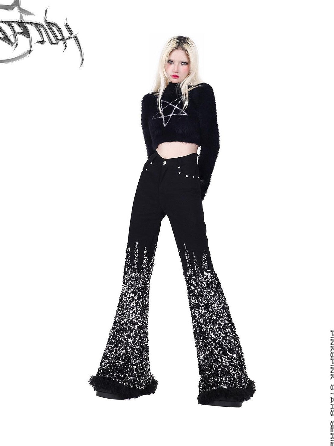PINKSPINK Pentagram Slim Fit Cropped Stand Collar Women's Polyamide Knit Top & Skirt Sets