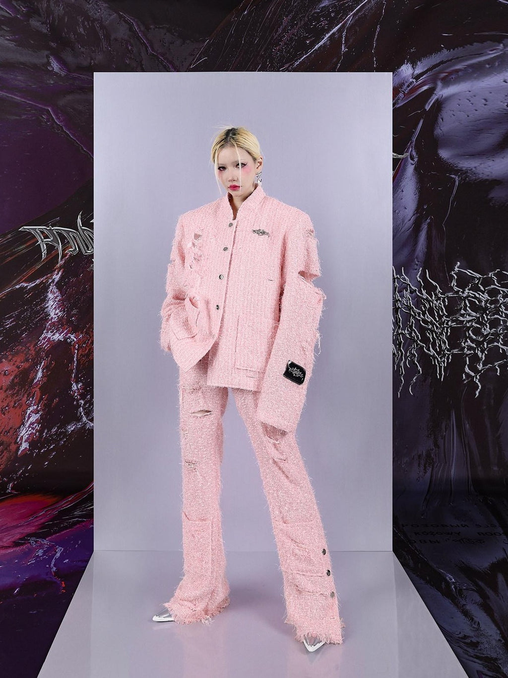PINKSPINK Pink Asymmetric Distressed Lurex Patchwork Padded Shoulder Women's Blazers