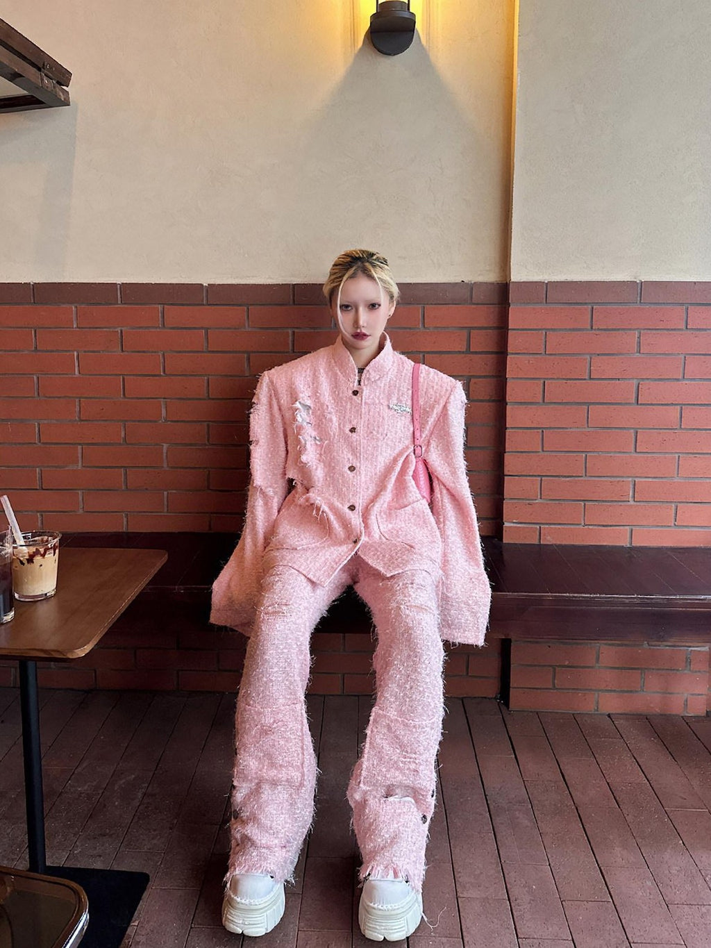 PINKSPINK Pink Asymmetric Distressed Lurex Patchwork Padded Shoulder Women's Blazers