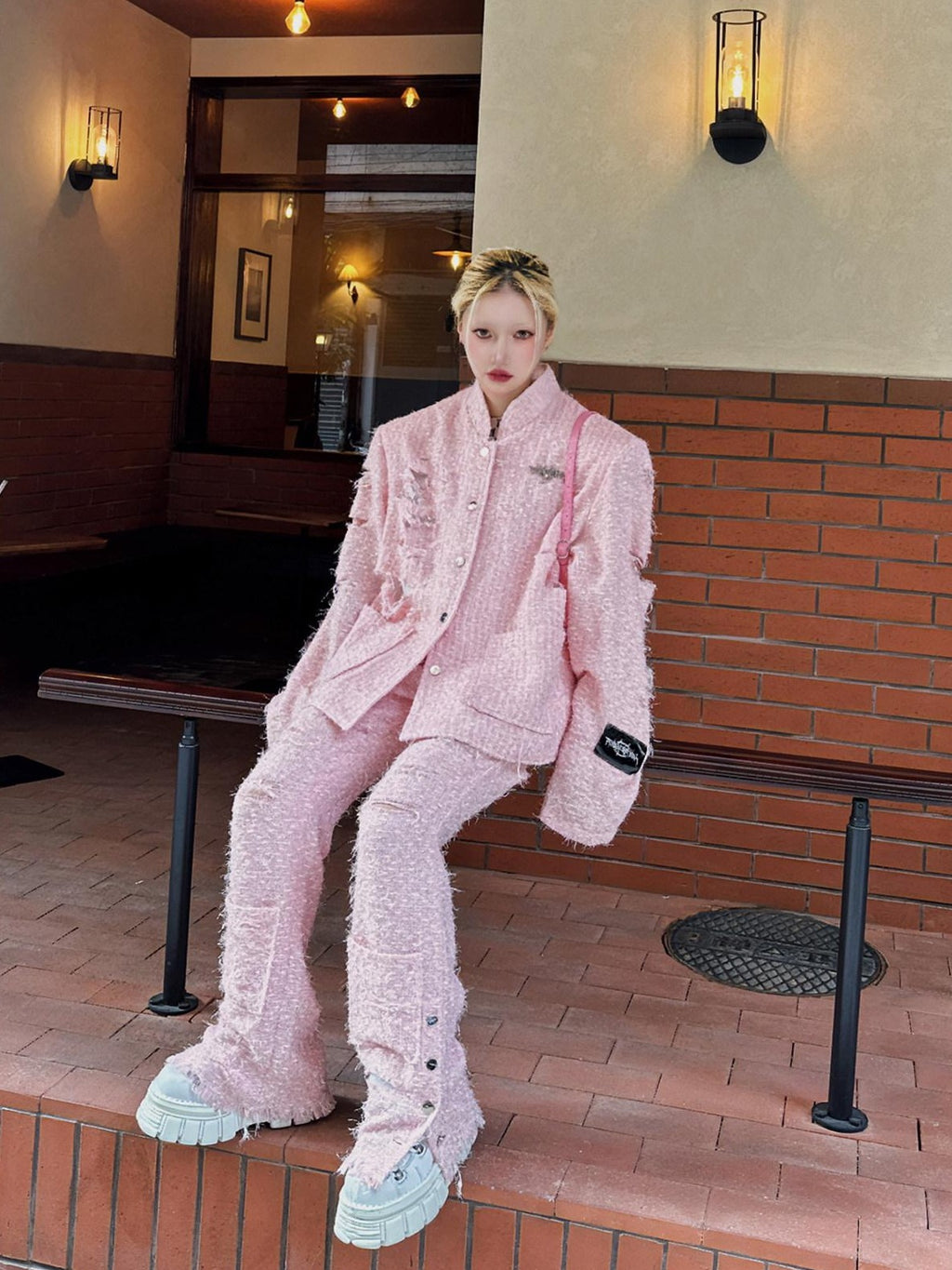 PINKSPINK Pink Asymmetric Distressed Lurex Patchwork Padded Shoulder Women's Blazers