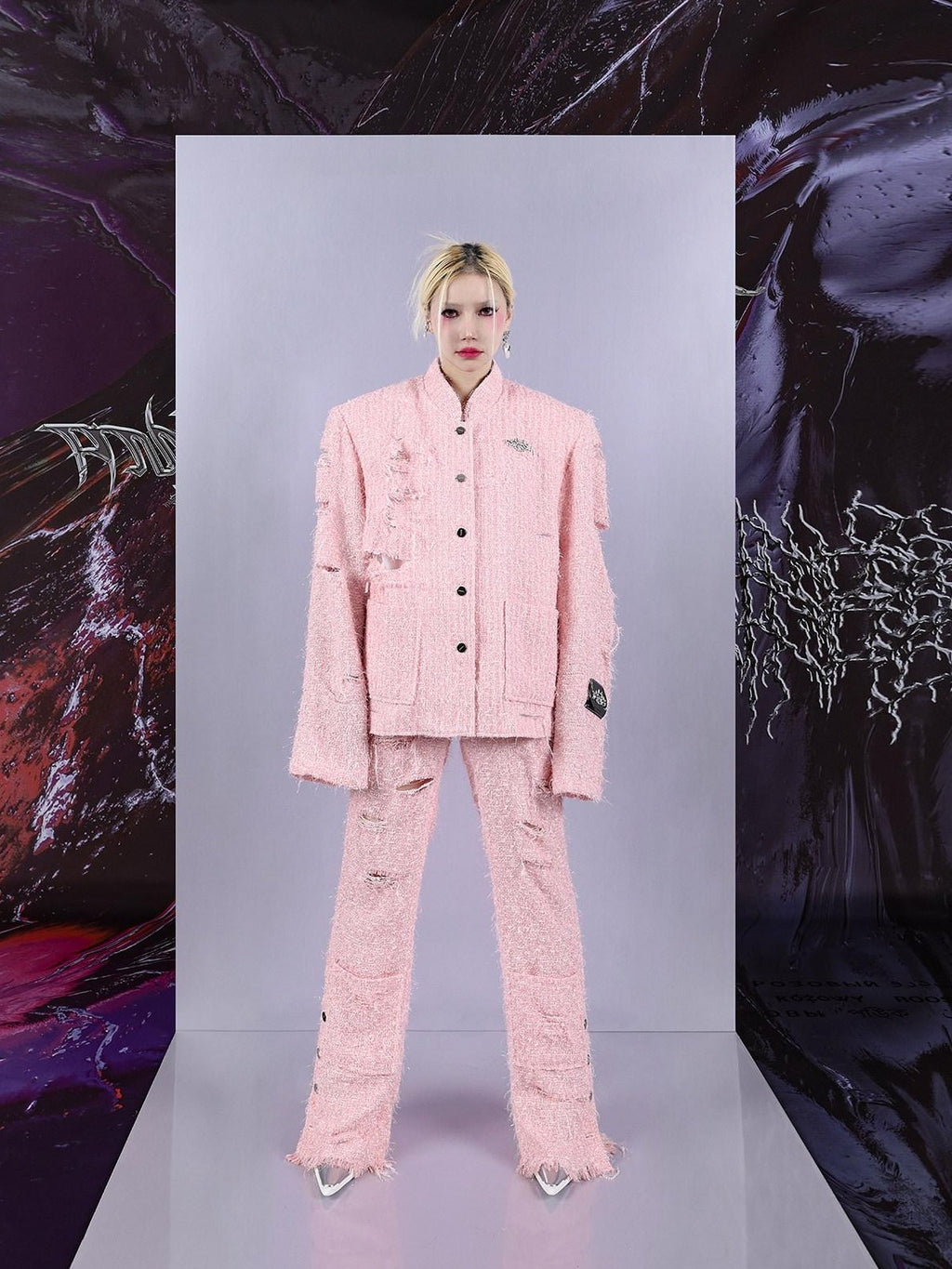PINKSPINK Pink Asymmetric Distressed Lurex Patchwork Padded Shoulder Women's Blazers