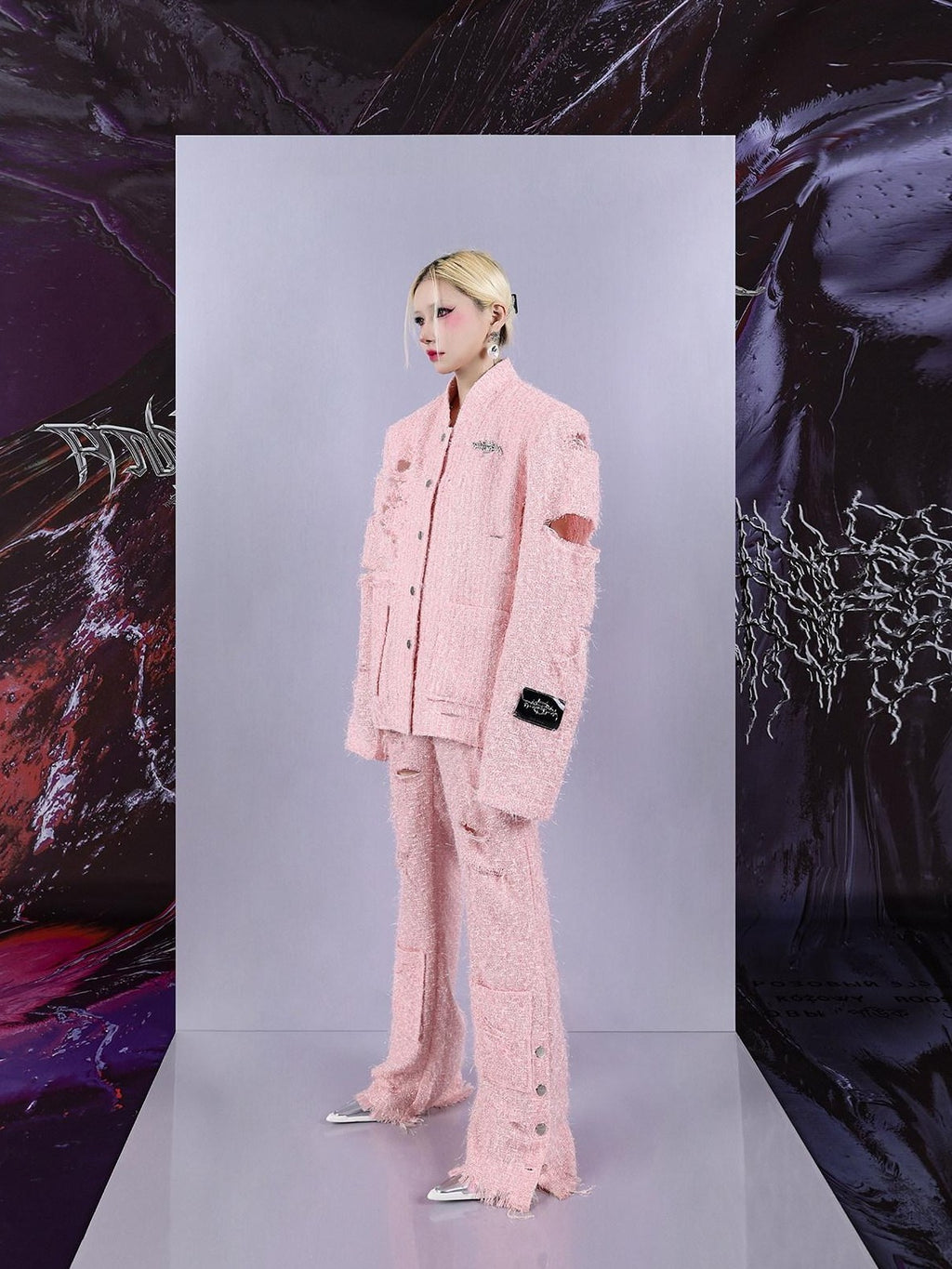 PINKSPINK Pink Asymmetric Distressed Lurex Patchwork Padded Shoulder Women's Blazers