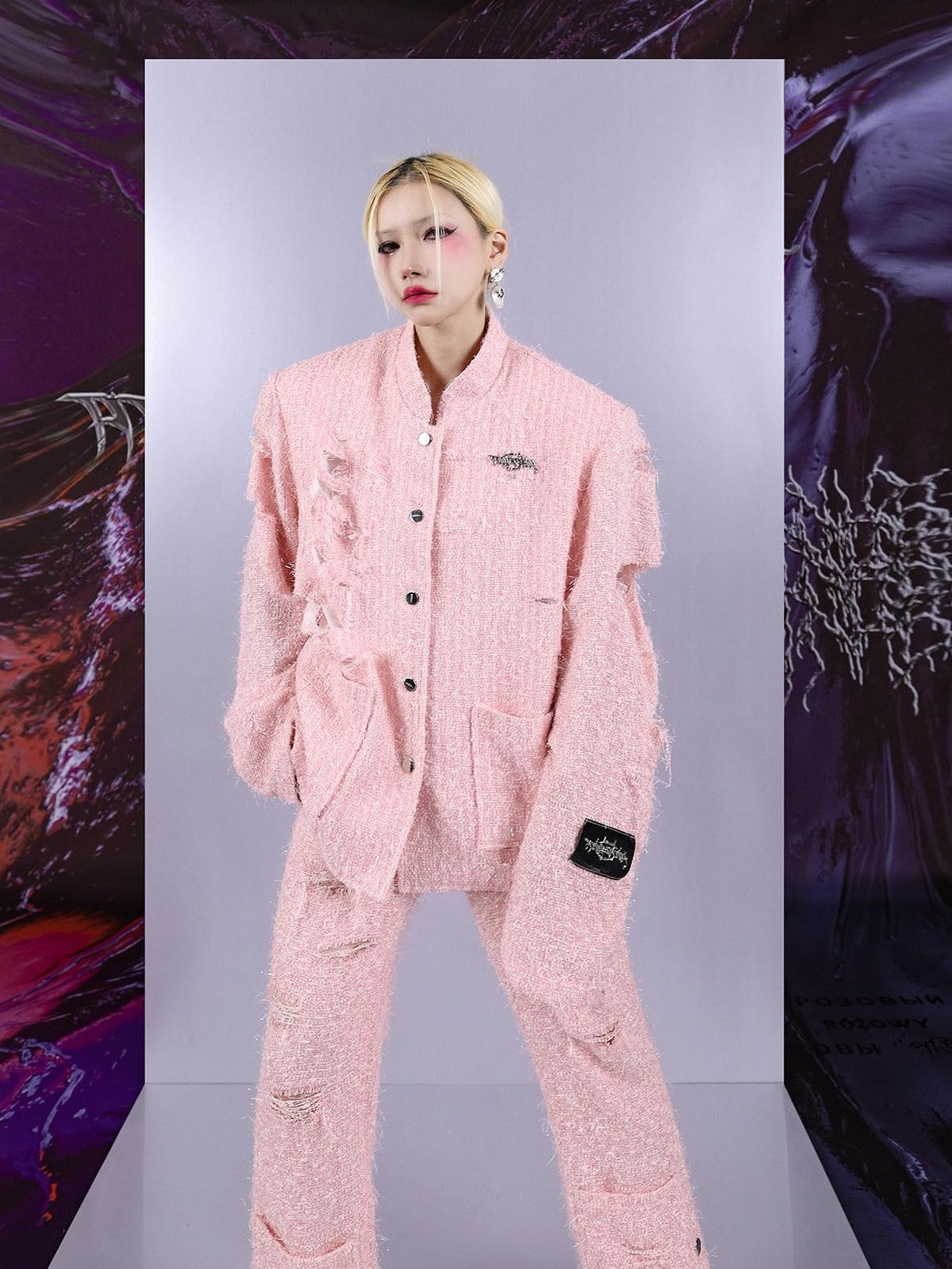 PINKSPINK Pink Asymmetric Distressed Lurex Patchwork Padded Shoulder Women's Blazers
