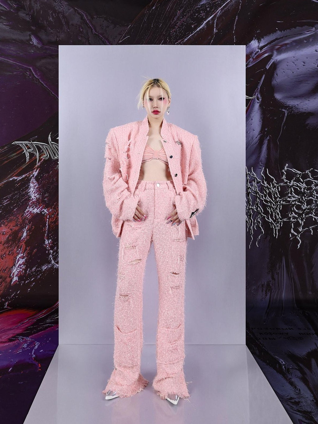 PINKSPINK Pink Asymmetric Distressed Lurex Patchwork Padded Shoulder Women's Blazers