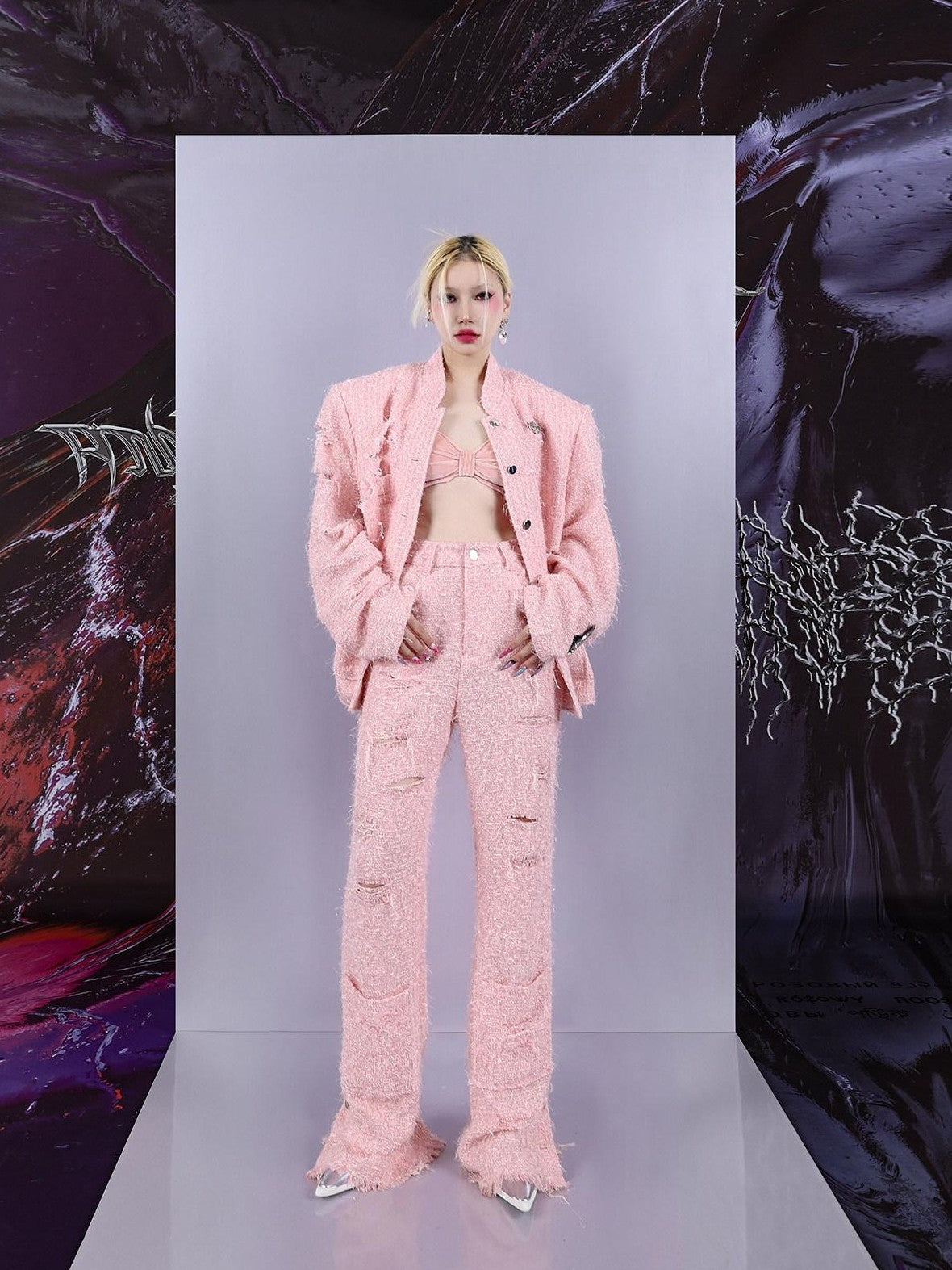 PINKSPINK Pink Asymmetric Distressed Lurex Patchwork Padded Shoulder Women's Blazers