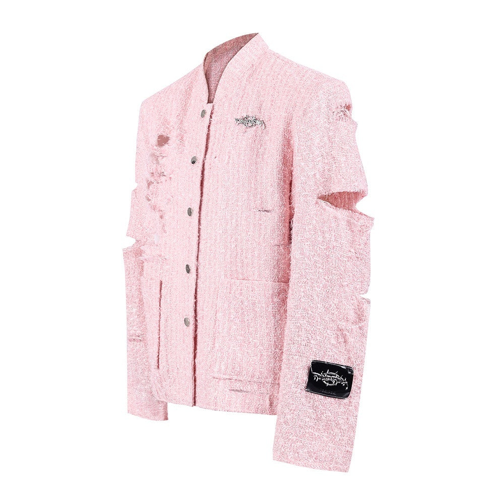 PINKSPINK_Pink_Asymmetric_Distressed_Shimmer_Cutout_Padded_Women's_Cotton_Blazers_704556751305_MISSTT