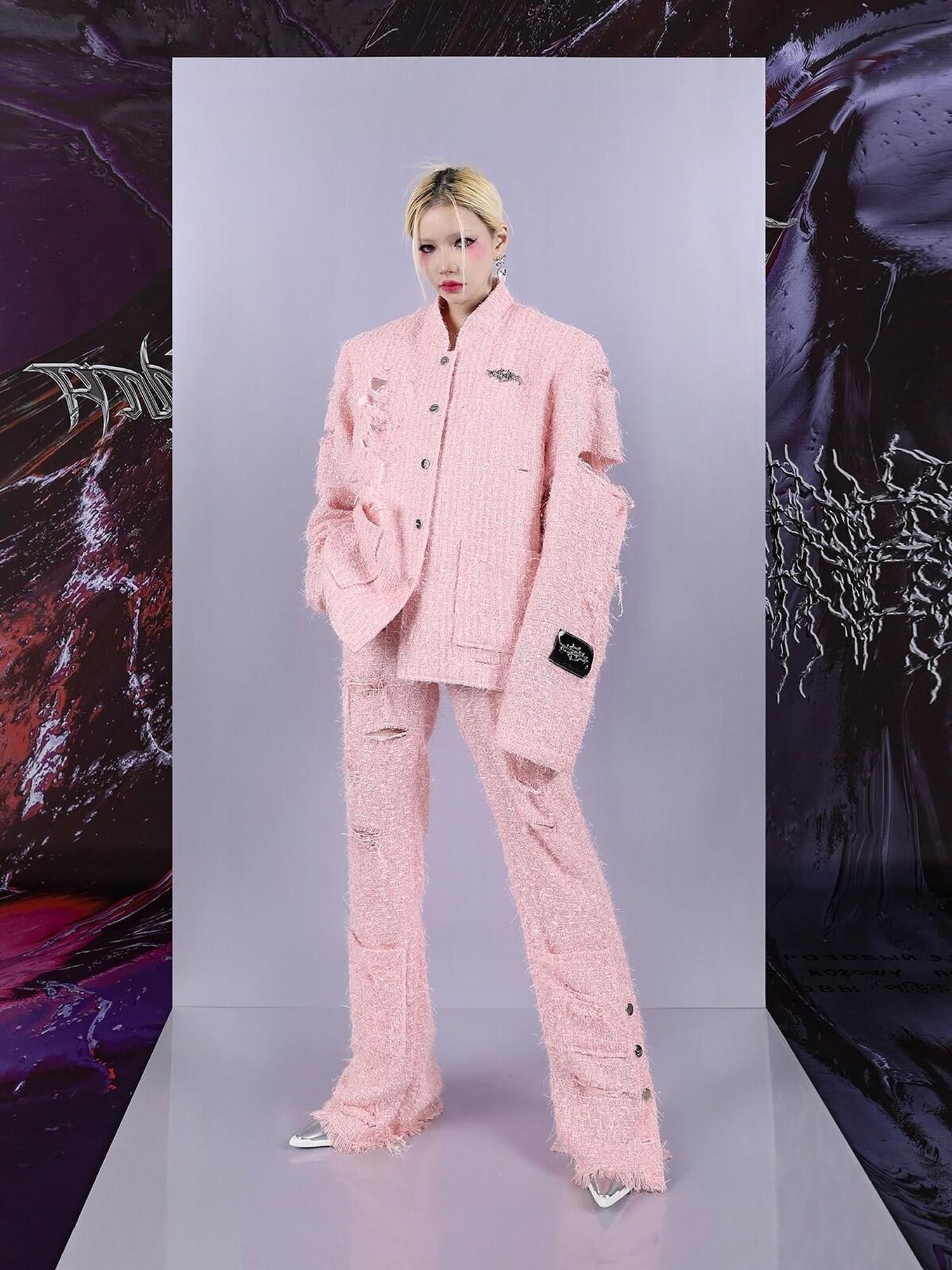 PINKSPINK Pink Asymmetric Distressed Shimmer Cutout Padded Women's Cotton Blazers