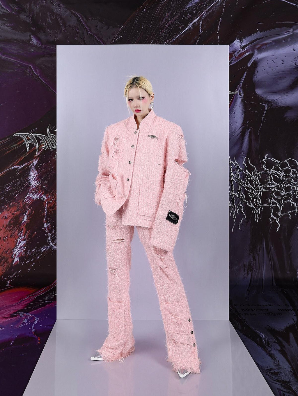 PINKSPINK Pink Asymmetric Distressed Shimmer Cutout Padded Women's Cotton Blazers