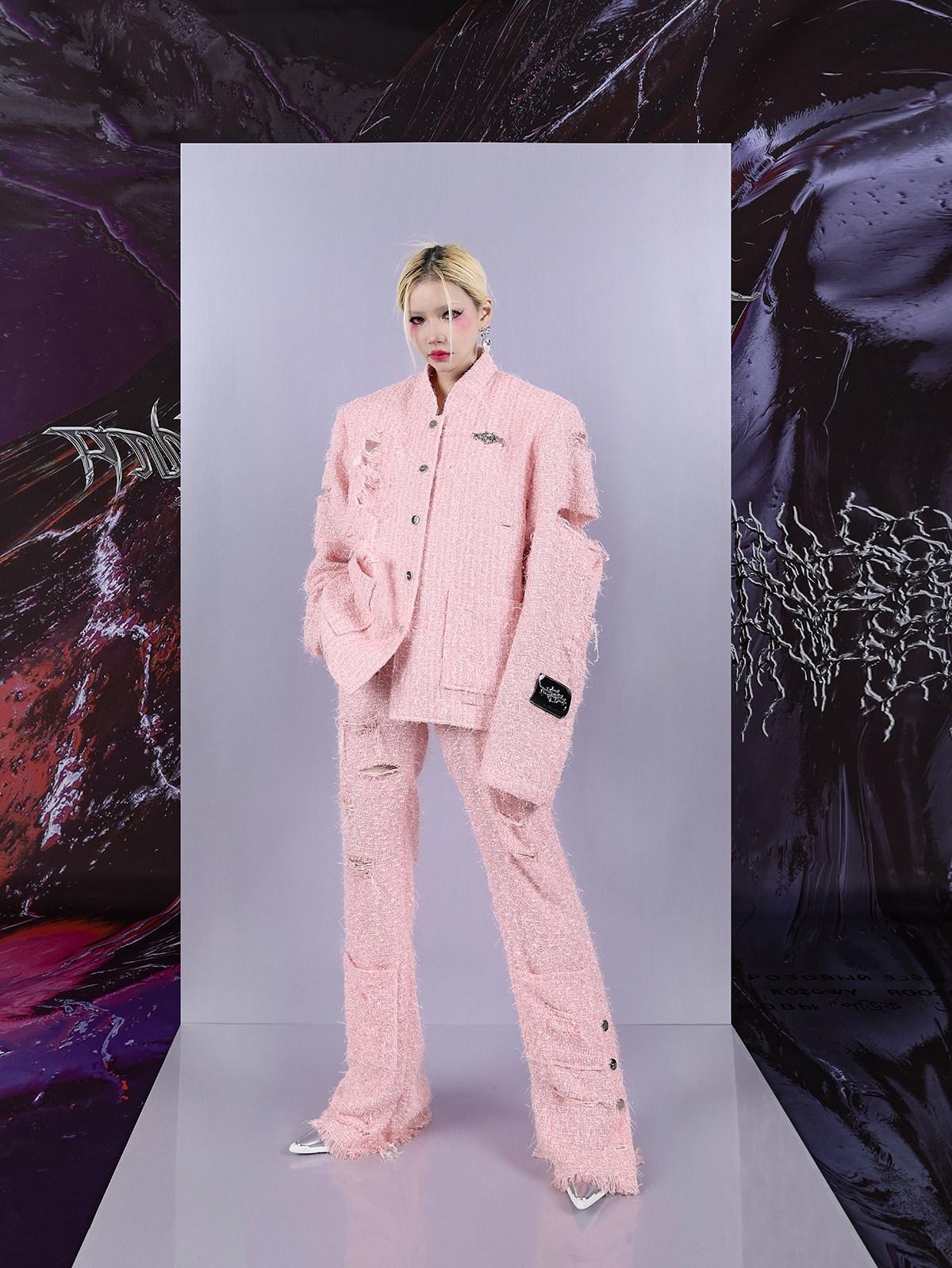 PINKSPINK Pink Asymmetric Distressed Shimmer Cutout Padded Women's Cotton Blazers