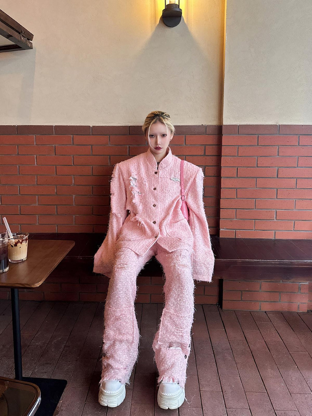 PINKSPINK Pink Asymmetric Distressed Shimmer Cutout Padded Women's Cotton Blazers