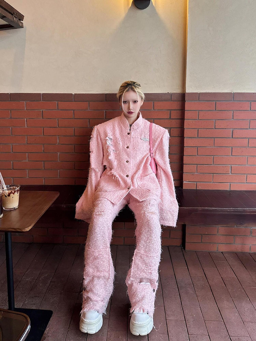 PINKSPINK Pink Asymmetric Distressed Shimmer Cutout Padded Women's Cotton Blazers