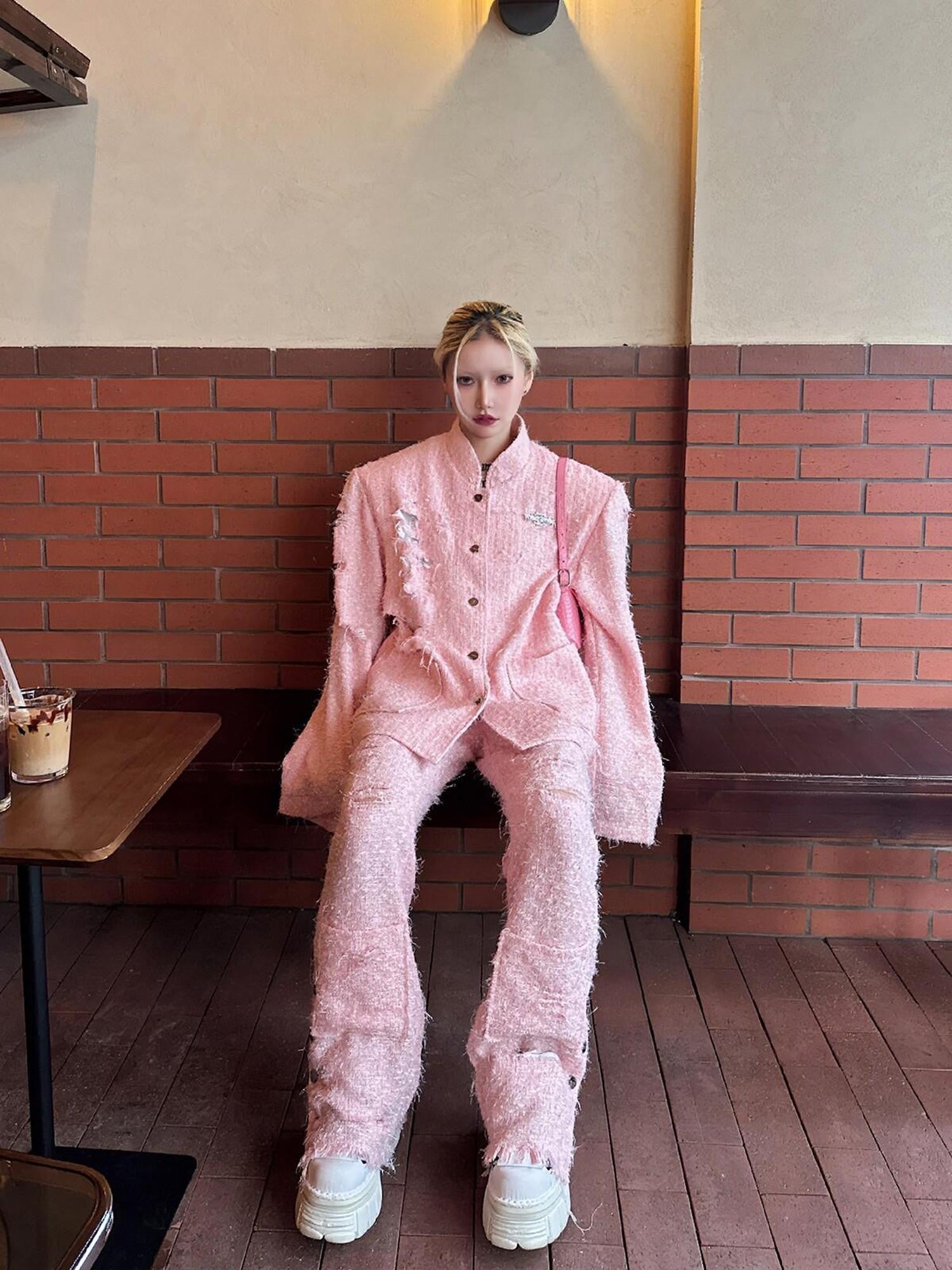 PINKSPINK Pink Asymmetric Distressed Shimmer Cutout Padded Women's Cotton Blazers