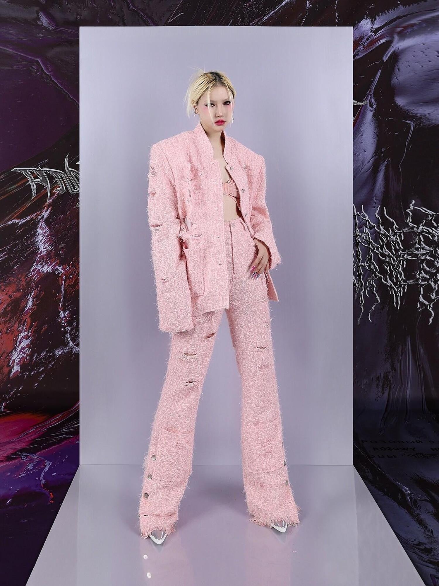 PINKSPINK Pink Asymmetric Distressed Shimmer Cutout Padded Women's Cotton Blazers