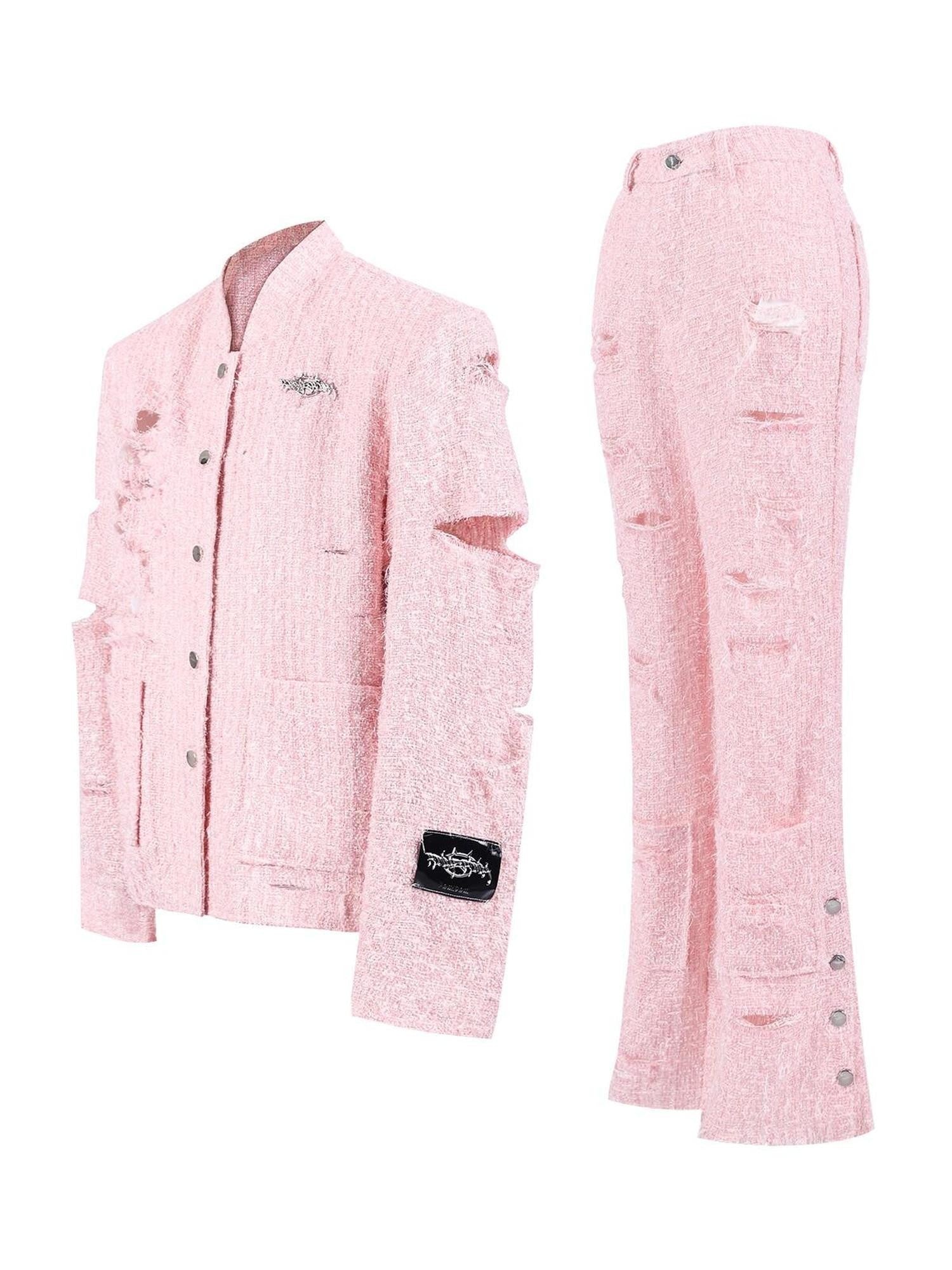 PINKSPINK Pink Asymmetric Distressed Shimmer Cutout Padded Women's Cotton Blazers