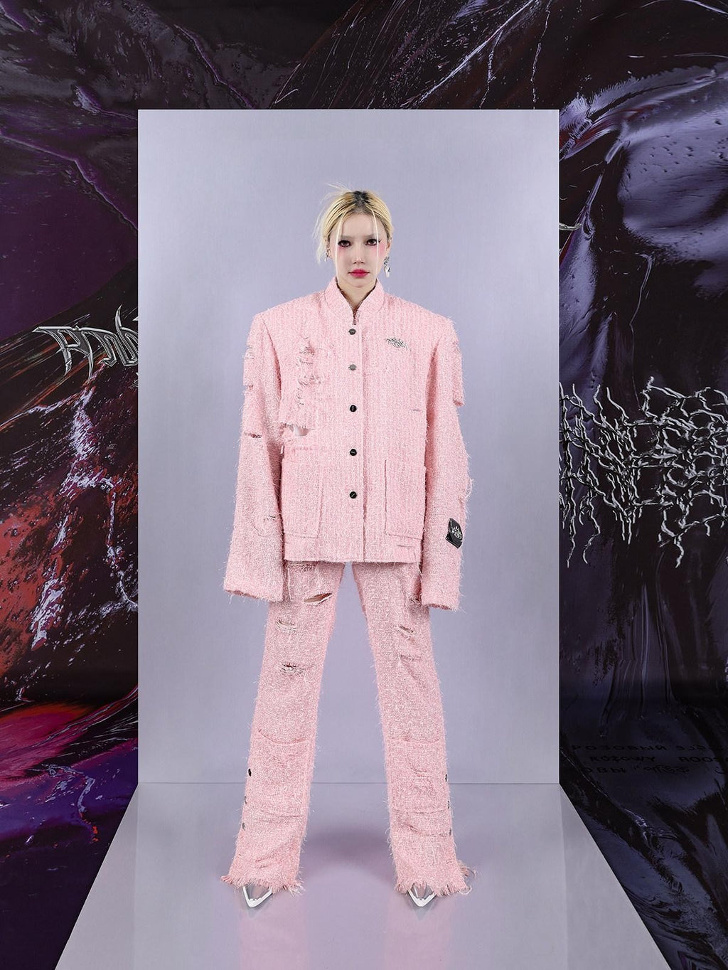 PINKSPINK Pink Asymmetric Distressed Shimmer Cutout Padded Women's Cotton Blazers
