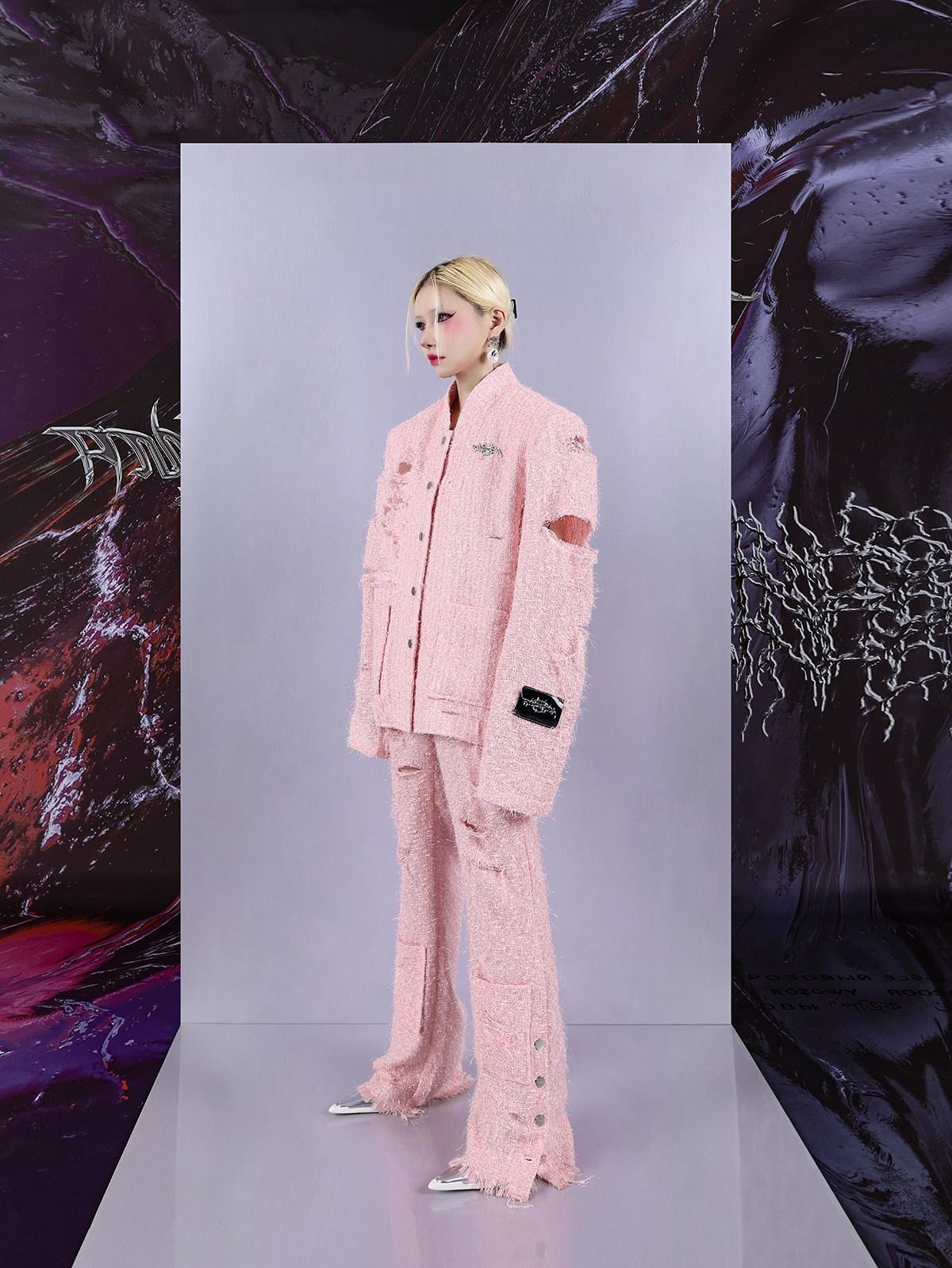 PINKSPINK Pink Asymmetric Distressed Shimmer Cutout Padded Women's Cotton Blazers