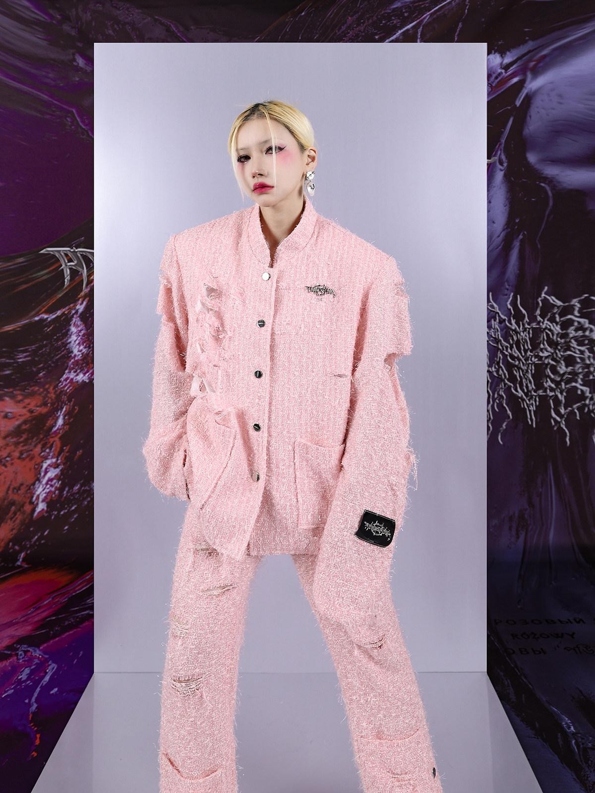PINKSPINK Pink Asymmetric Distressed Shimmer Cutout Padded Women's Cotton Blazers