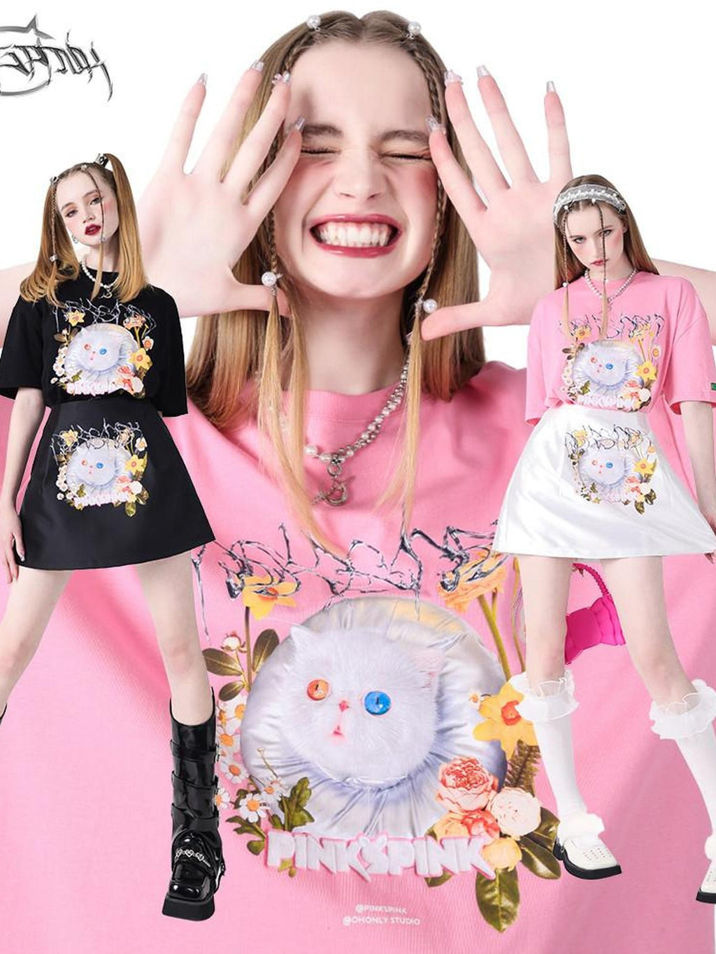 PINKSPINK Pink Black 3d Cat Print Text Street Loose Women's Short Sleeve T-shirts