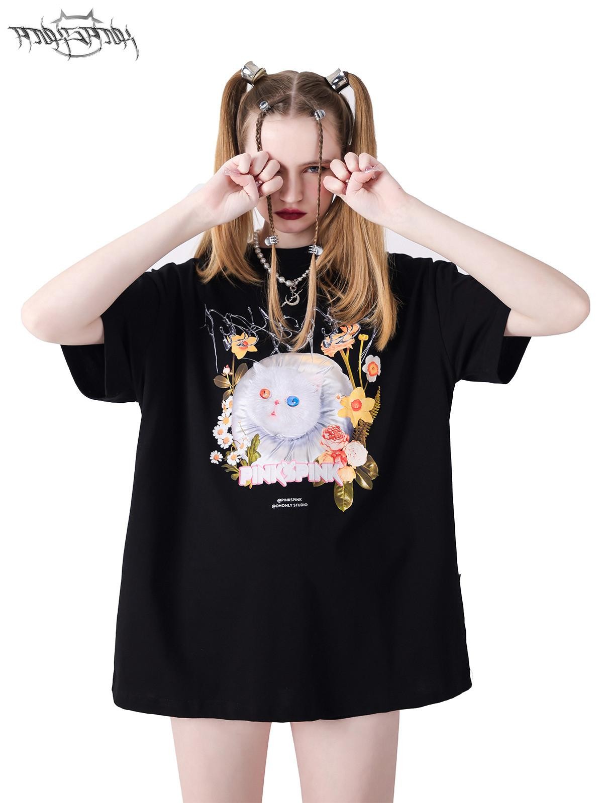 PINKSPINK Pink Black 3d Cat Print Text Street Loose Women's Short Sleeve T-shirts