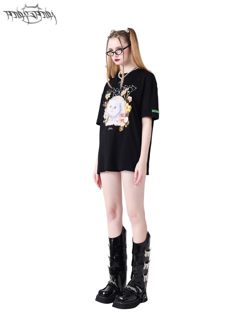 PINKSPINK Pink Black 3d Cat Print Text Street Loose Women's Short Sleeve T-shirts