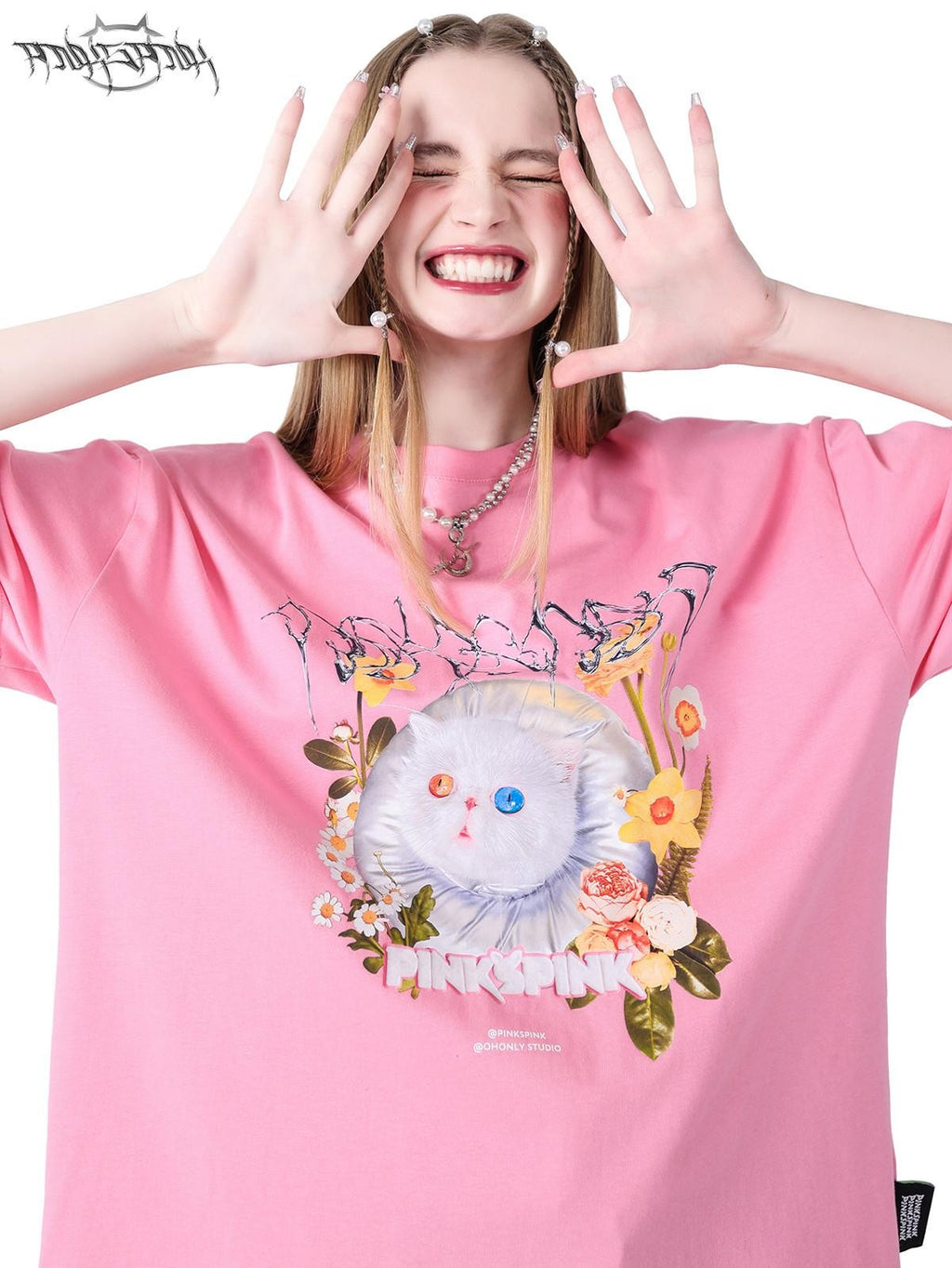 PINKSPINK Pink Black 3d Cat Print Text Street Loose Women's Short Sleeve T-shirts