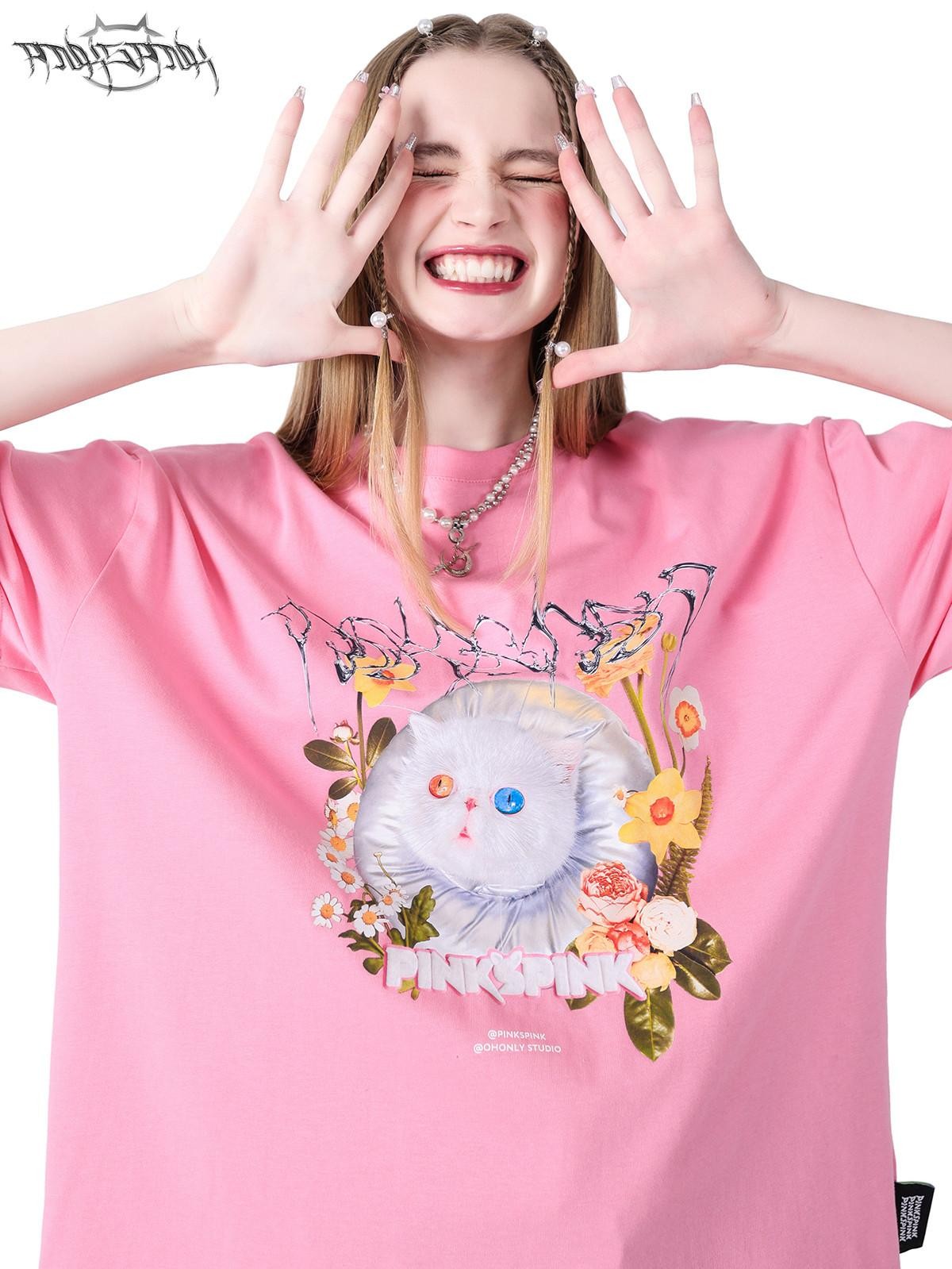 PINKSPINK Pink Black 3d Cat Print Text Street Loose Women's Short Sleeve T-shirts