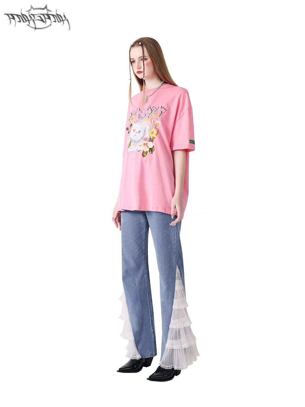 PINKSPINK Pink Black 3d Cat Print Text Street Loose Women's Short Sleeve T-shirts