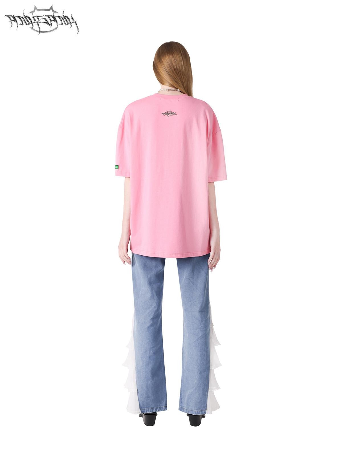 PINKSPINK Pink Black 3d Cat Print Text Street Loose Women's Short Sleeve T-shirts