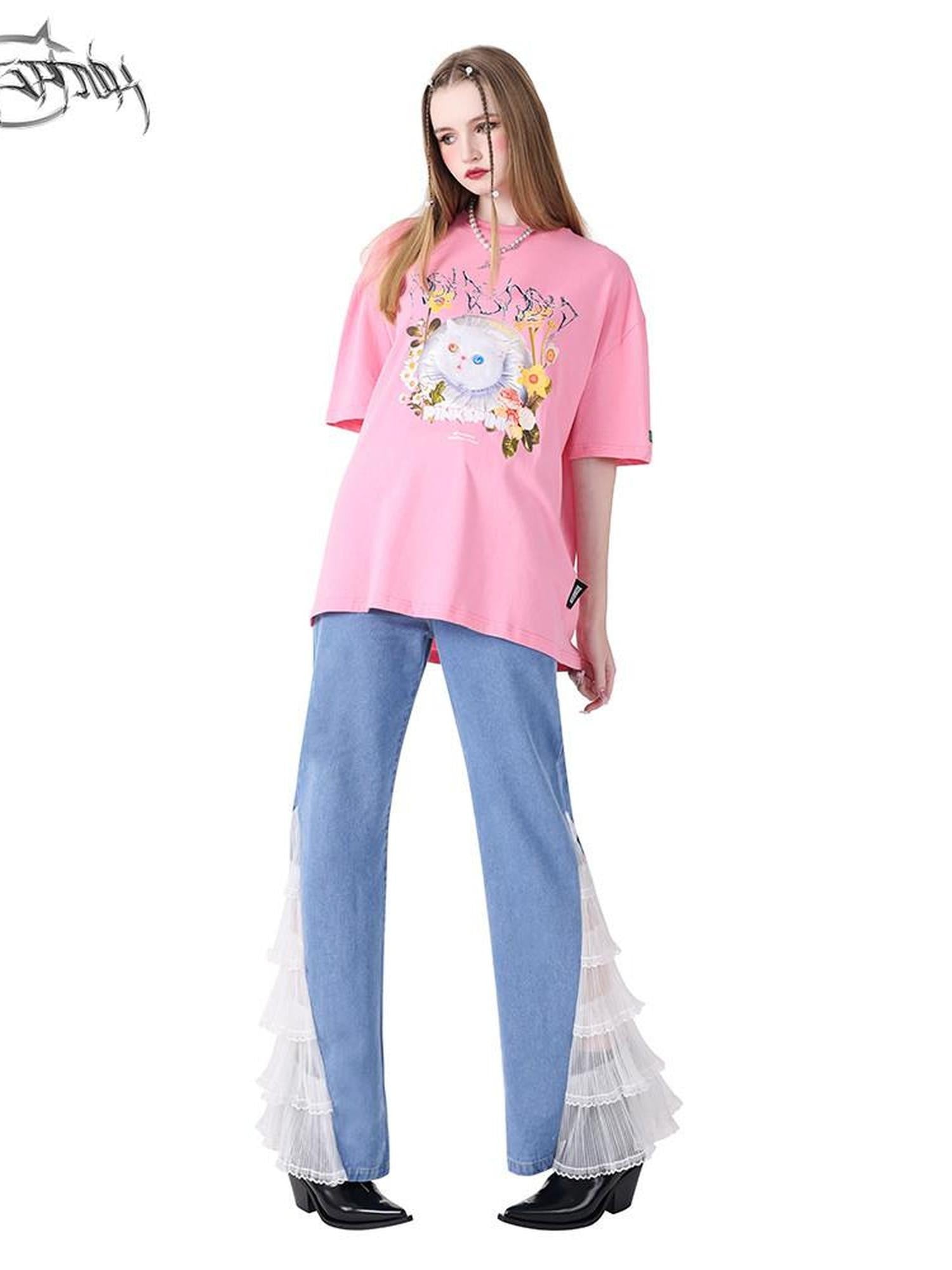 PINKSPINK Pink Black 3d Cat Print Text Street Loose Women's Short Sleeve T-shirts