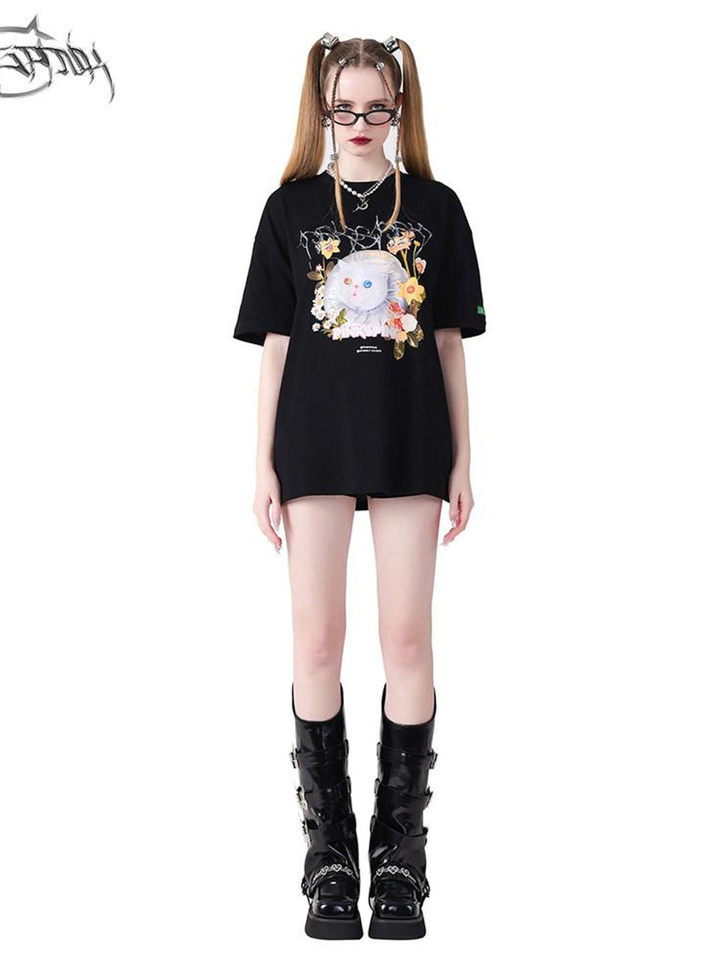 PINKSPINK Pink Black 3d Cat Print Text Street Loose Women's Short Sleeve T-shirts