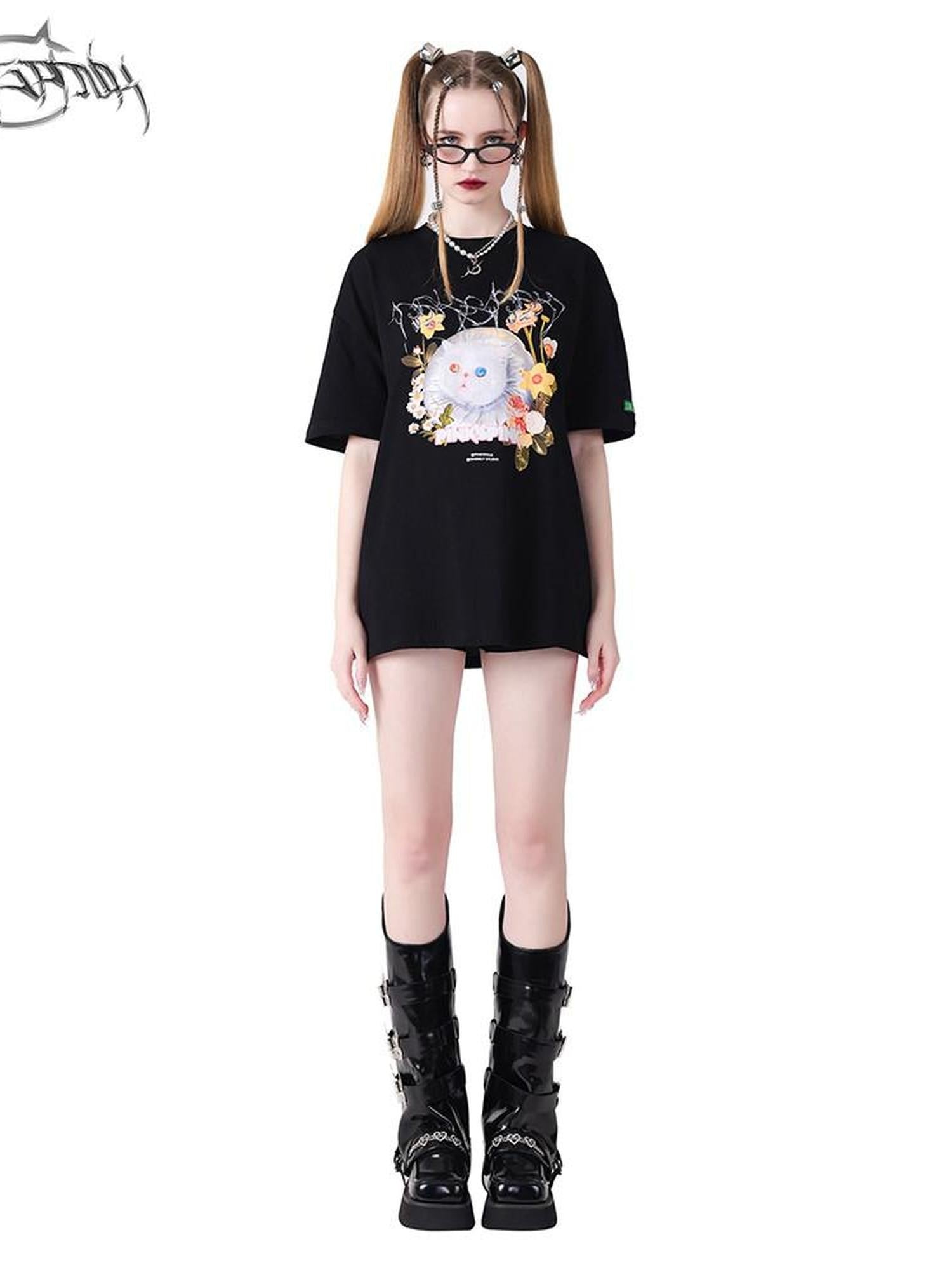 PINKSPINK Pink Black 3d Cat Print Text Street Loose Women's Short Sleeve T-shirts