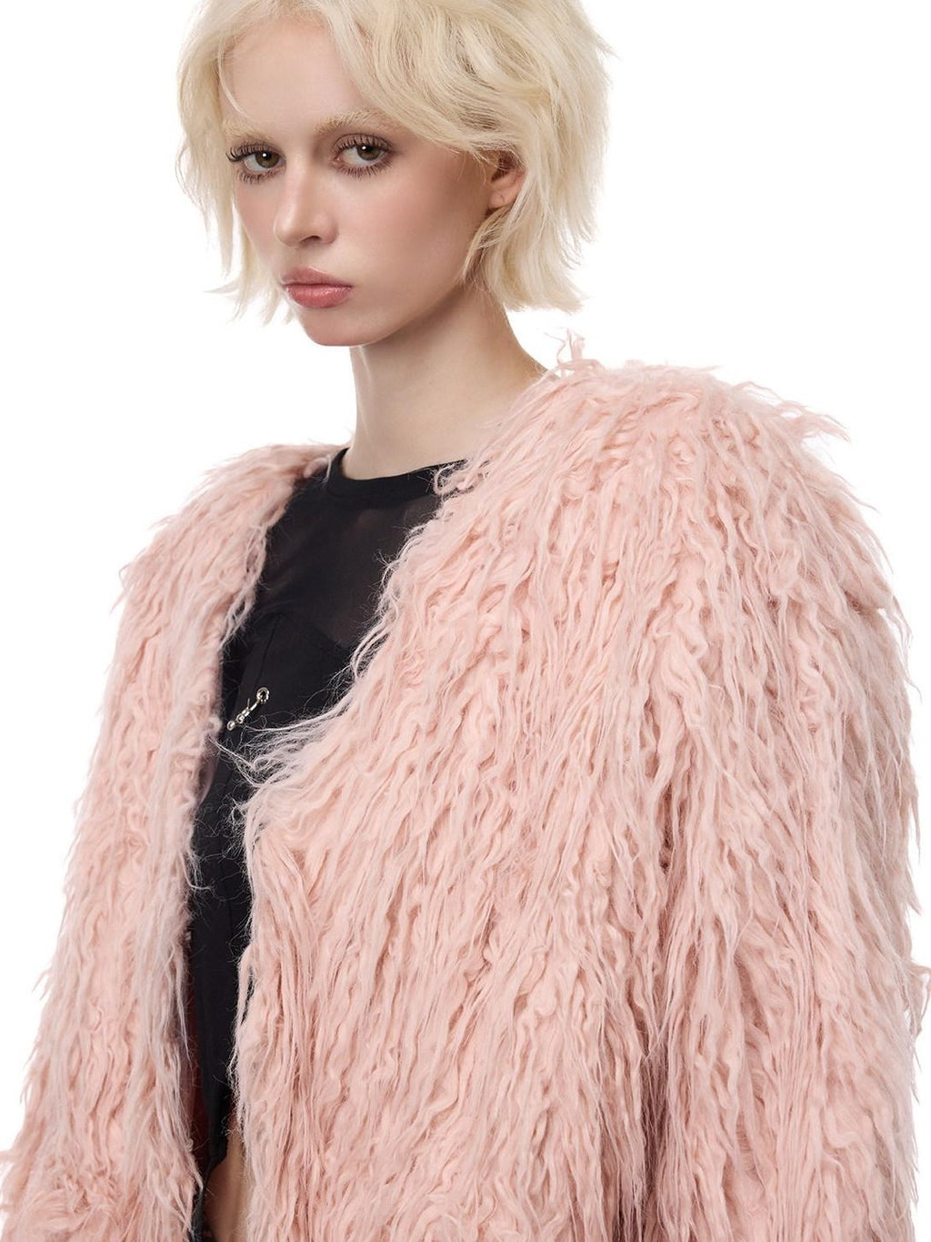 PINKSPINK Pink Blue V-neck Contour Ruffle Collar Women's Plush Faux Fur Coats