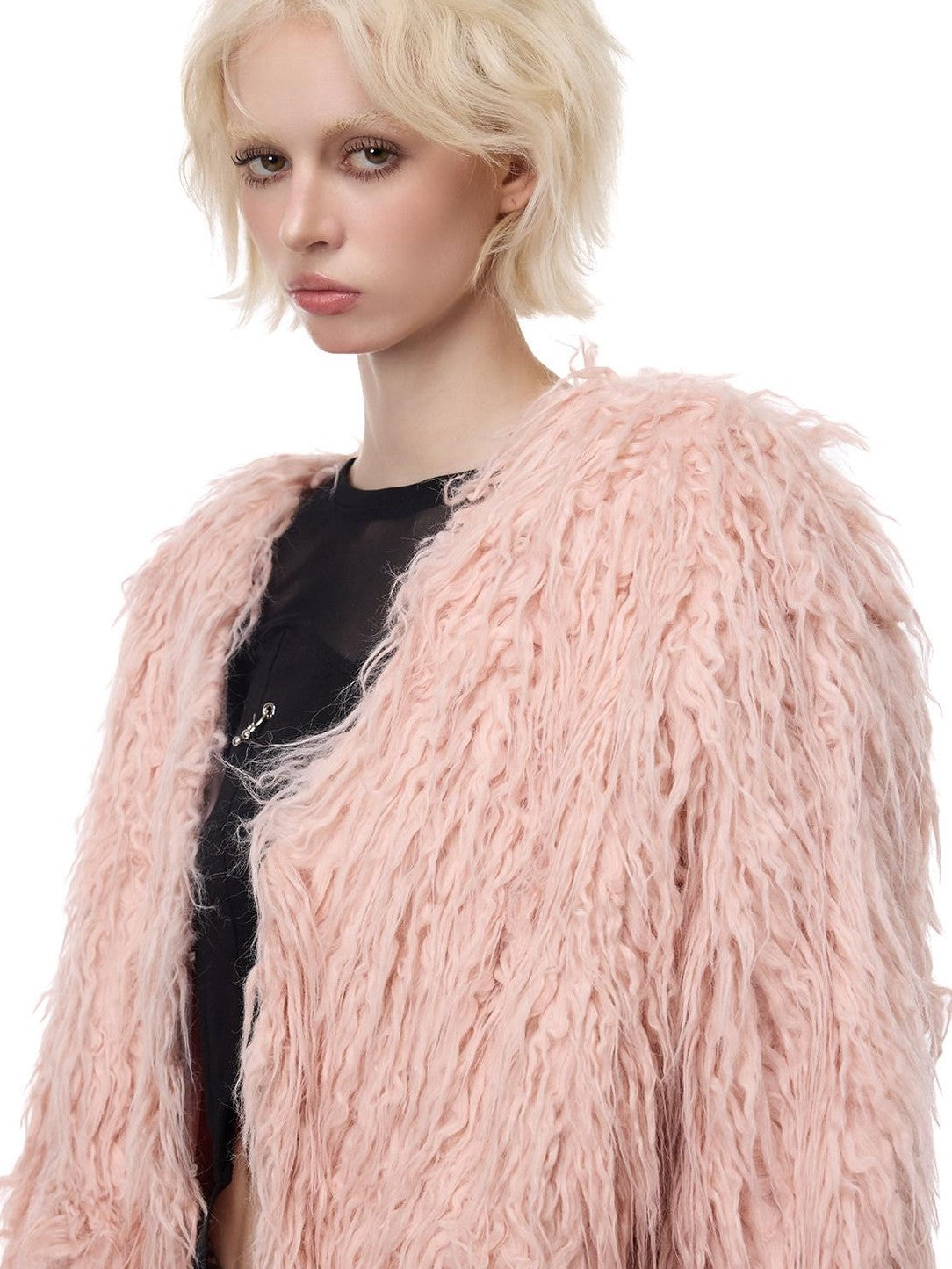 PINKSPINK Pink Blue V-neck Contour Ruffle Collar Women's Plush Faux Fur Coats