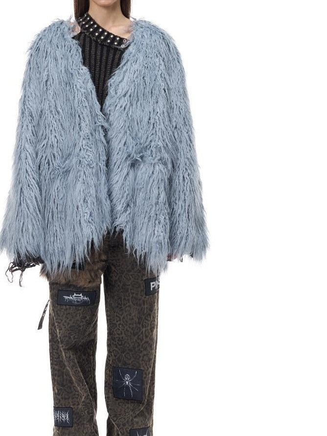 PINKSPINK Pink Blue V-neck Contour Ruffle Collar Women's Plush Faux Fur Coats