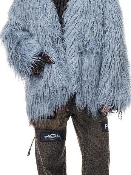 PINKSPINK Pink Blue V-neck Contour Ruffle Collar Women's Plush Faux Fur Coats