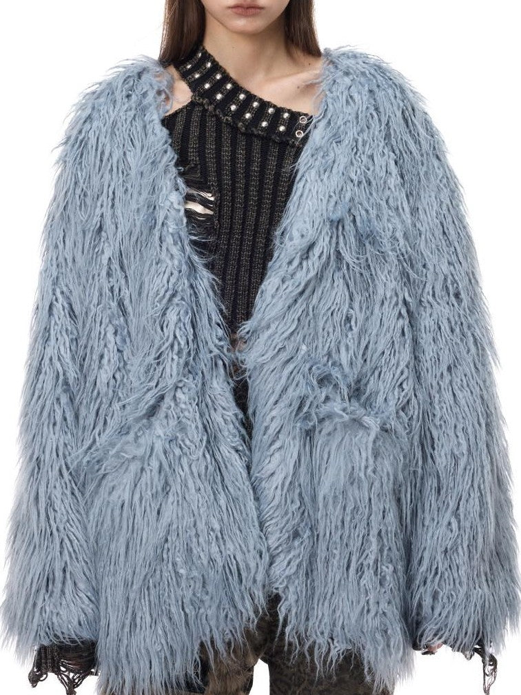 PINKSPINK Pink Blue V-neck Contour Ruffle Collar Women's Plush Faux Fur Coats