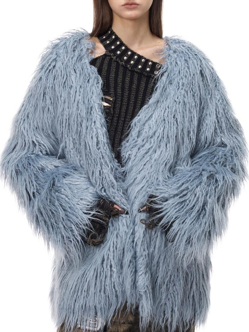 PINKSPINK Pink Blue V-neck Contour Ruffle Collar Women's Plush Faux Fur Coats