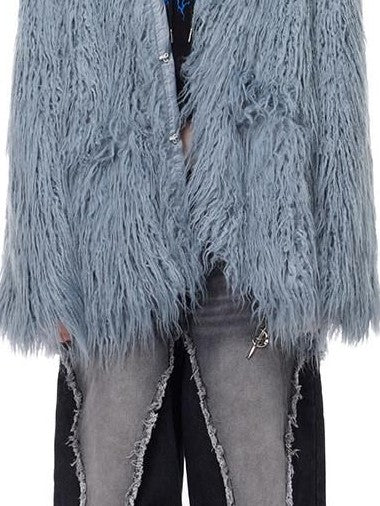 PINKSPINK Pink Blue V-neck Contour Ruffle Collar Women's Plush Faux Fur Coats