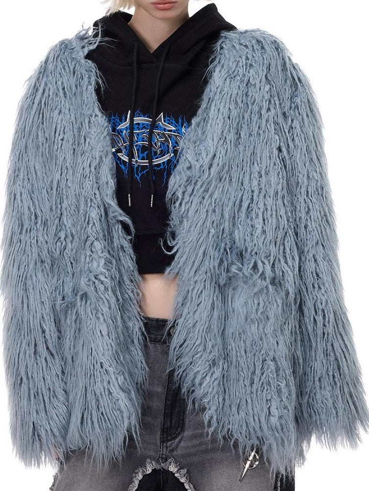 PINKSPINK Pink Blue V-neck Contour Ruffle Collar Women's Plush Faux Fur Coats